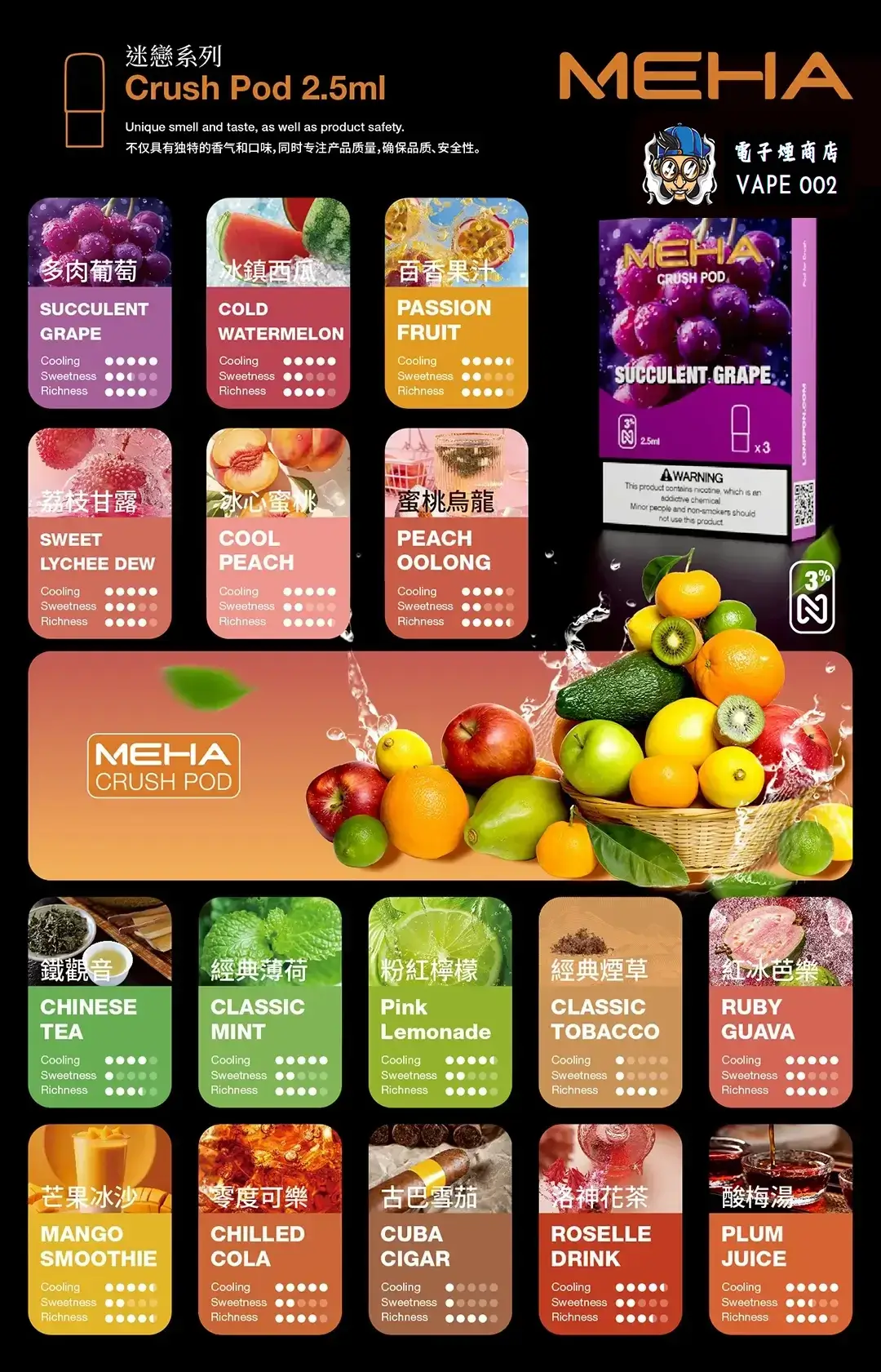 魅嗨 MEHA crush 迷戀系列五代電子煙彈 通用一代主機系列 2.5ML 三顆裝